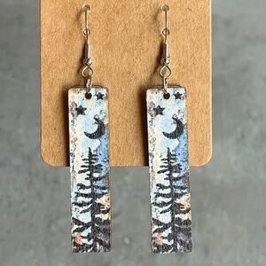 Nature Scene Wood White And Blue Earrings Pine Tree Night Sky Design 7cm New